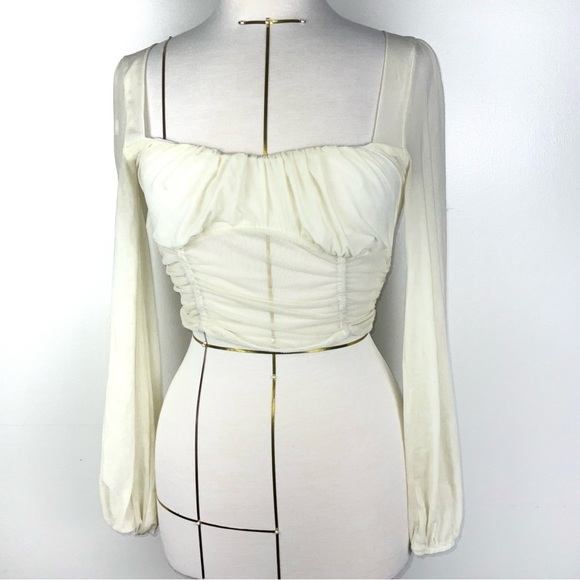 Lulus Tops - Lulu’s Ivory Ruched Love Me Crop Top w/ Long Bell Sleeves | Size XS